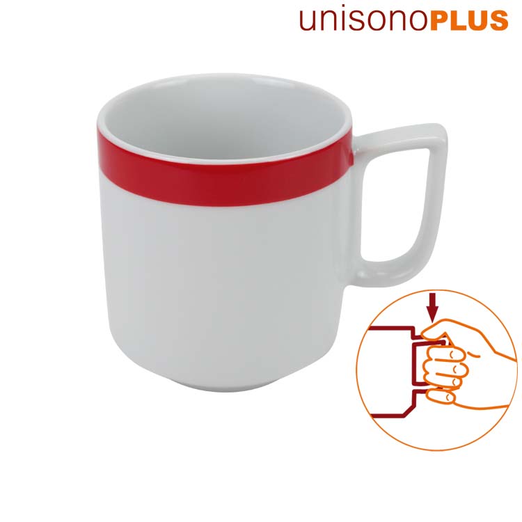 unisonoPLUS Porzellan-Becher 300 ml mit ergonomischem Henkel, roter Rand